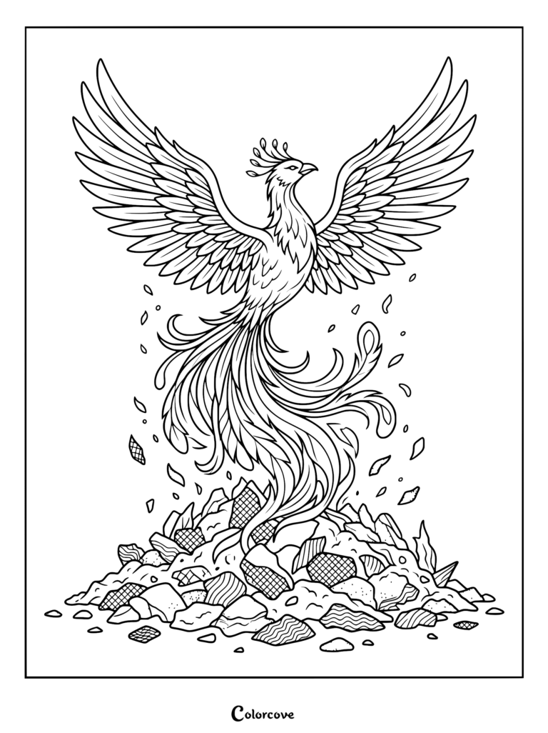 phoenix spreads its wings while rising from ash.