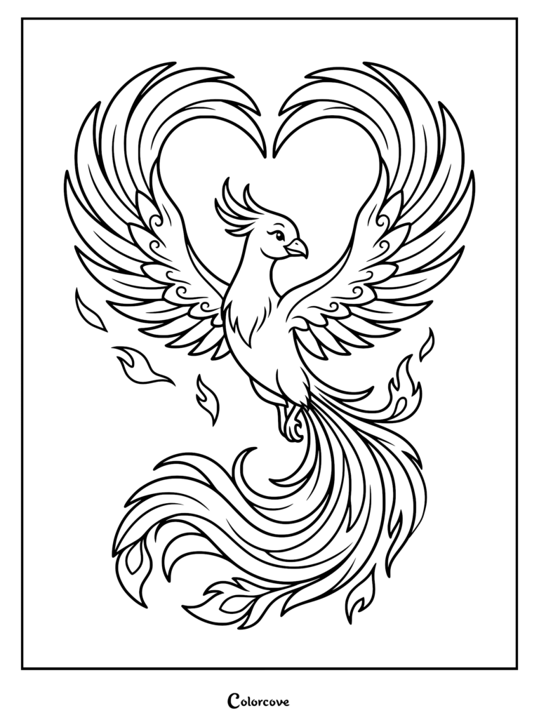 A majestic phoenix with wings spread in a heart shape, featuring intricate feather details and swirling flames in this printable coloring page.