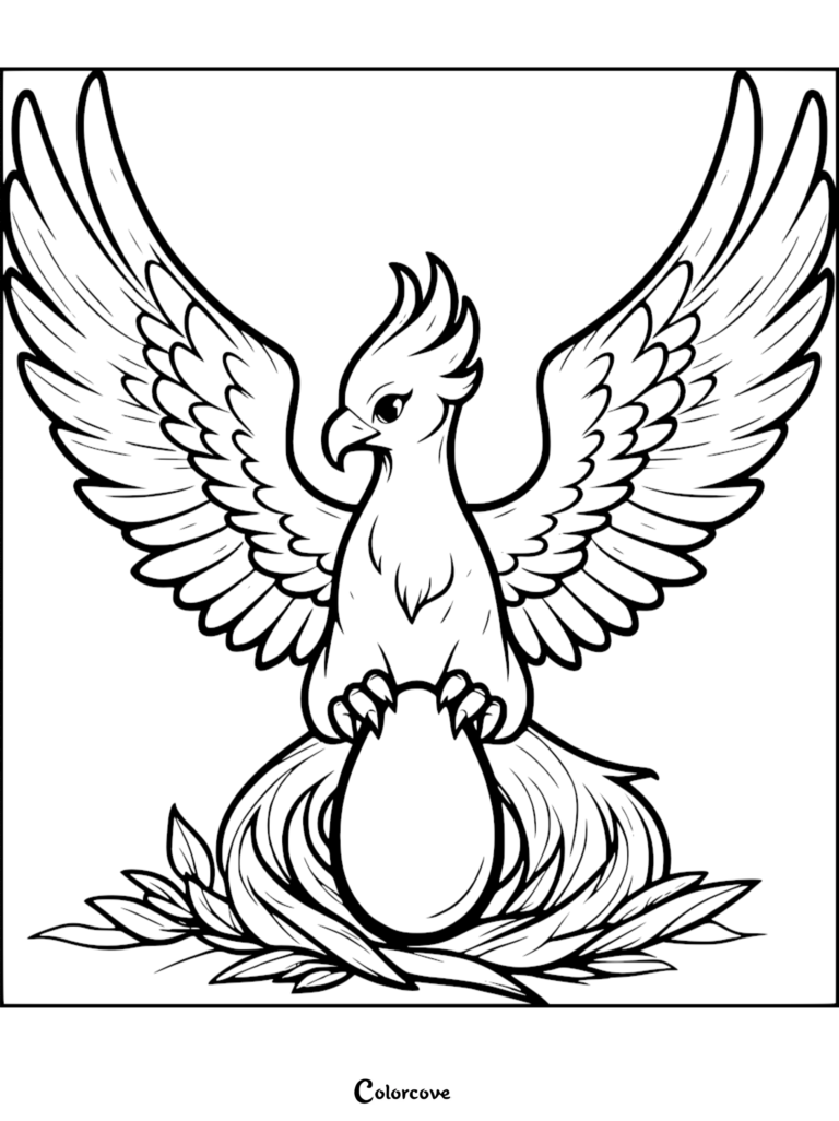 A majestic phoenix with large spread wings standing over a single egg in a nest, line art coloring page.