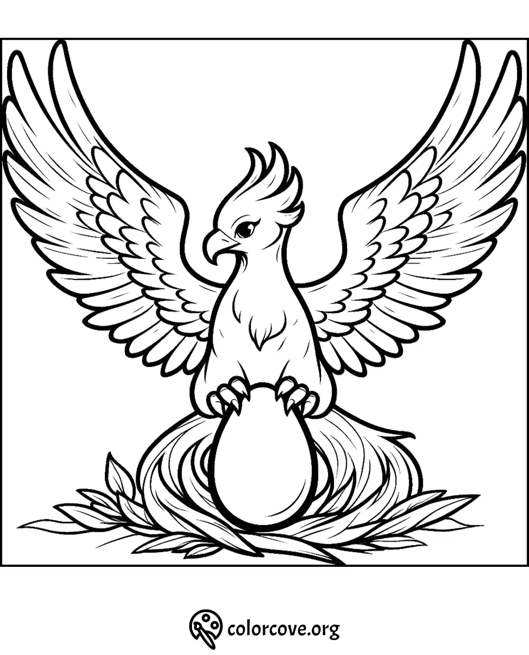 Coloring page featuring a majestic bird guarding a large egg in its nest, ideal for children and adults to color.