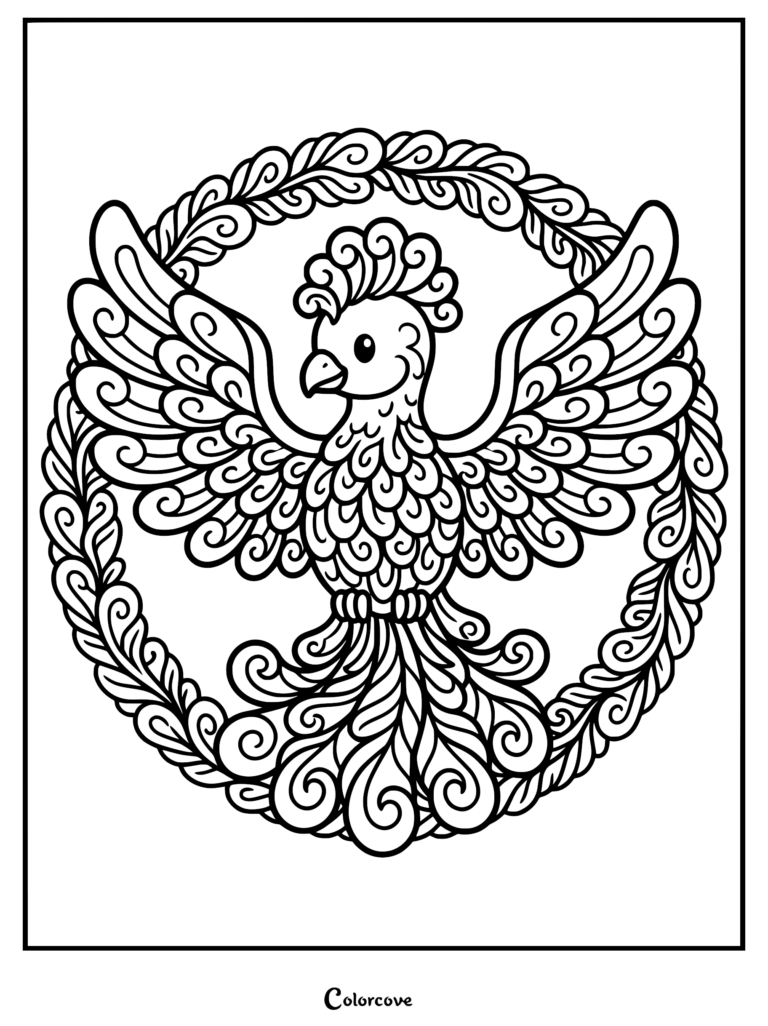 A stylized phoenix with intricate swirling feather patterns inside a circular floral wreath, presented as a black and white coloring page.