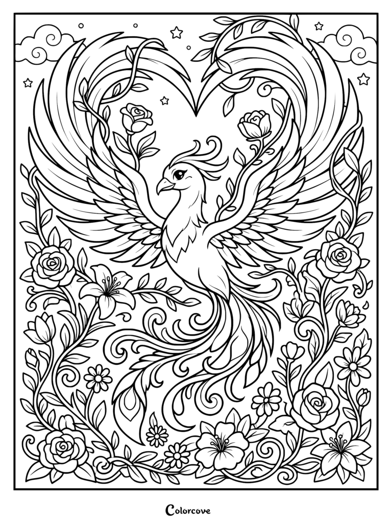 A majestic phoenix with wings forming a heart shape surrounded by roses and vines in this detailed coloring page.
