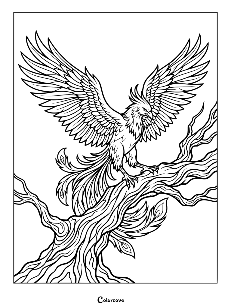 A detailed coloring page of a majestic phoenix with expansive wings perched on a gnarled, textured tree branch.