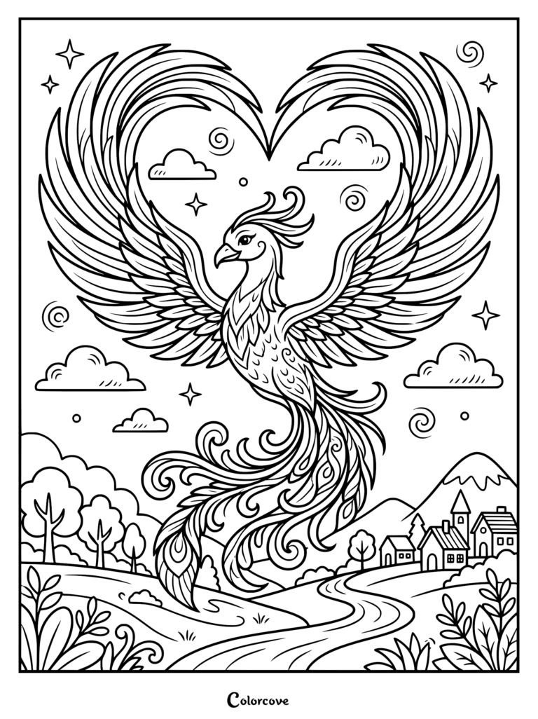 A majestic phoenix with wings forming a heart shape flying over a village, detailed line art coloring page.
