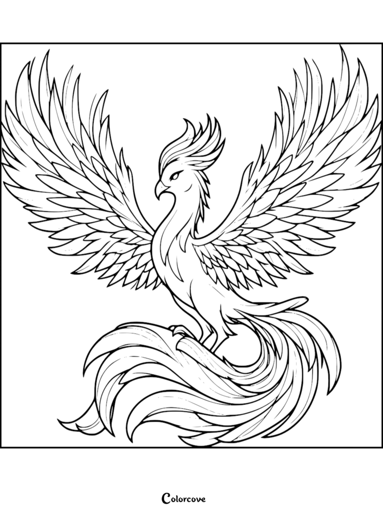 A detailed coloring page featuring a majestic phoenix with expansive, feathered wings spread wide and a long, flowing tail.