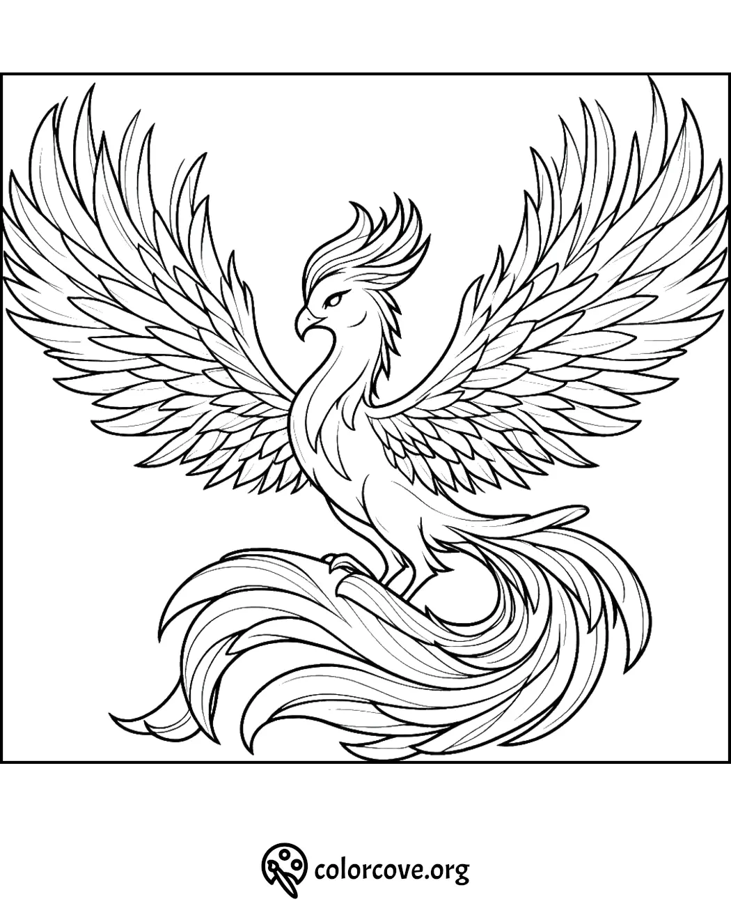 Phoenix coloring page with outstretched wings, perfect for kids and adults to download and color.