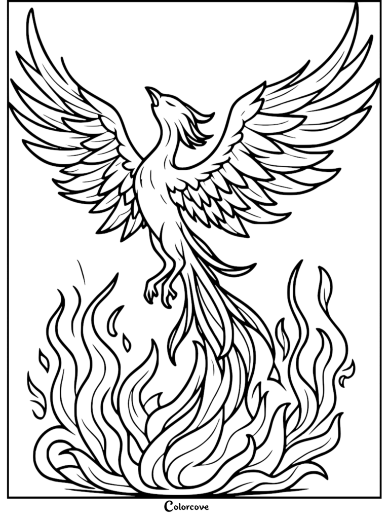 A majestic phoenix with large, spread wings rising from a base of stylized flames in this detailed line art coloring page.