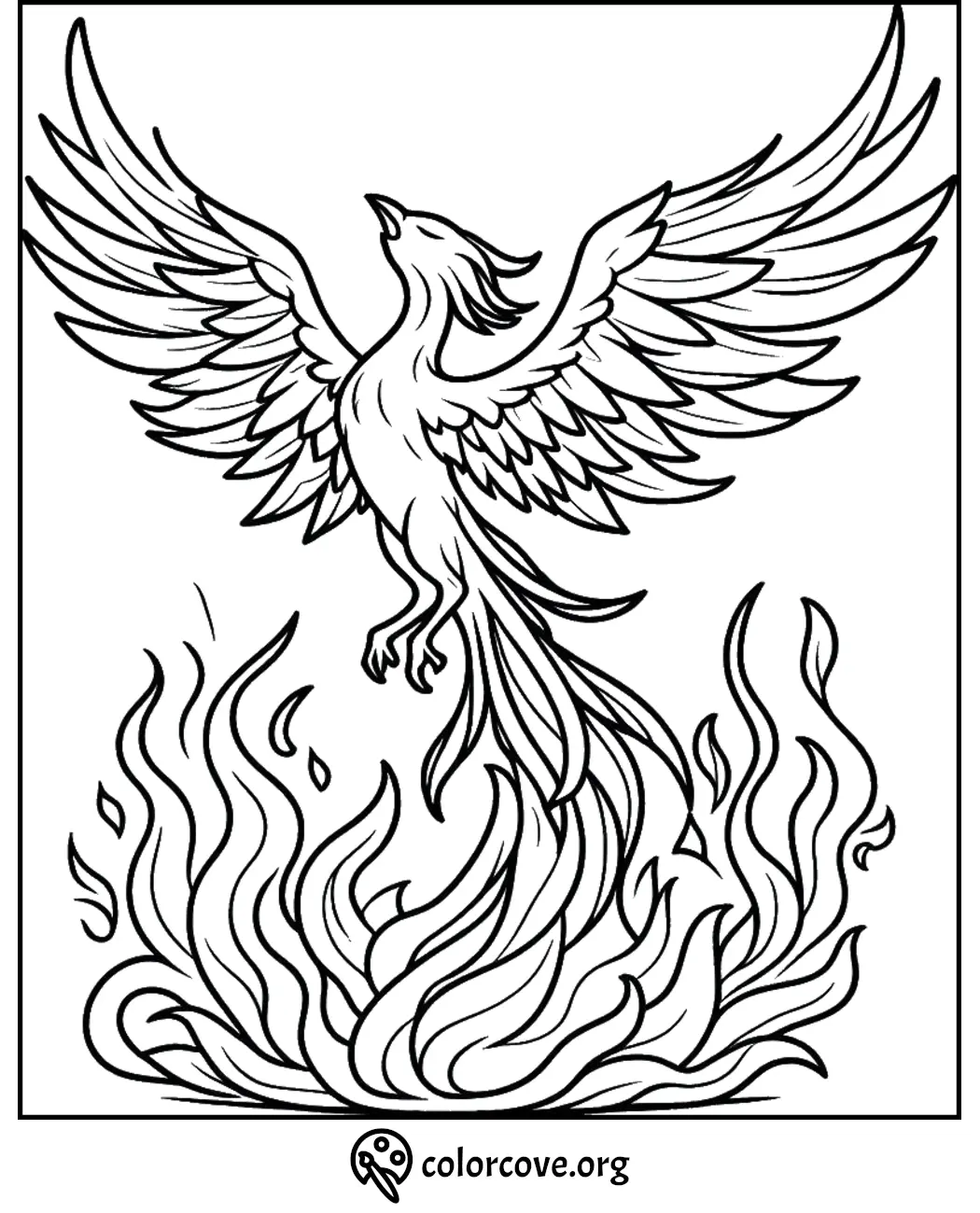 Phoenix rising from flames coloring page for kids and adults to print and color. Free downloadable mythical bird outline.