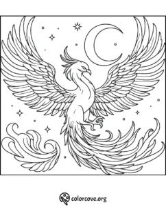 Coloring page of a majestic phoenix with outstretched wings, surrounded by stars and a crescent moon.