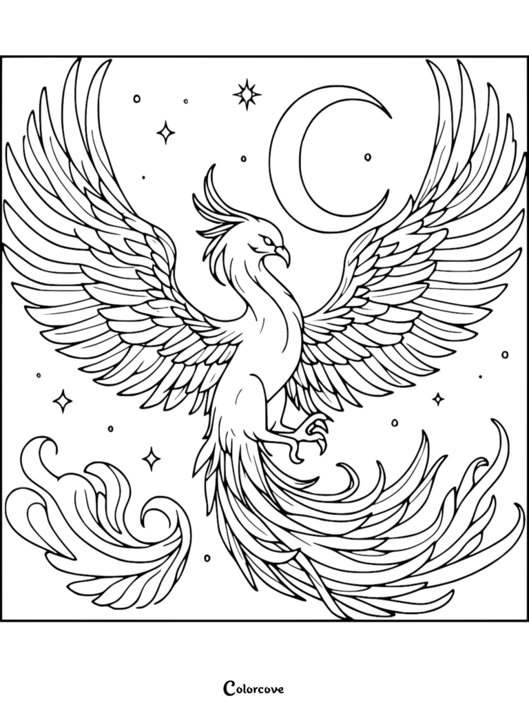 A majestic phoenix with expansive wings spread wide beneath a crescent moon and stars, presented as a detailed line art coloring page.