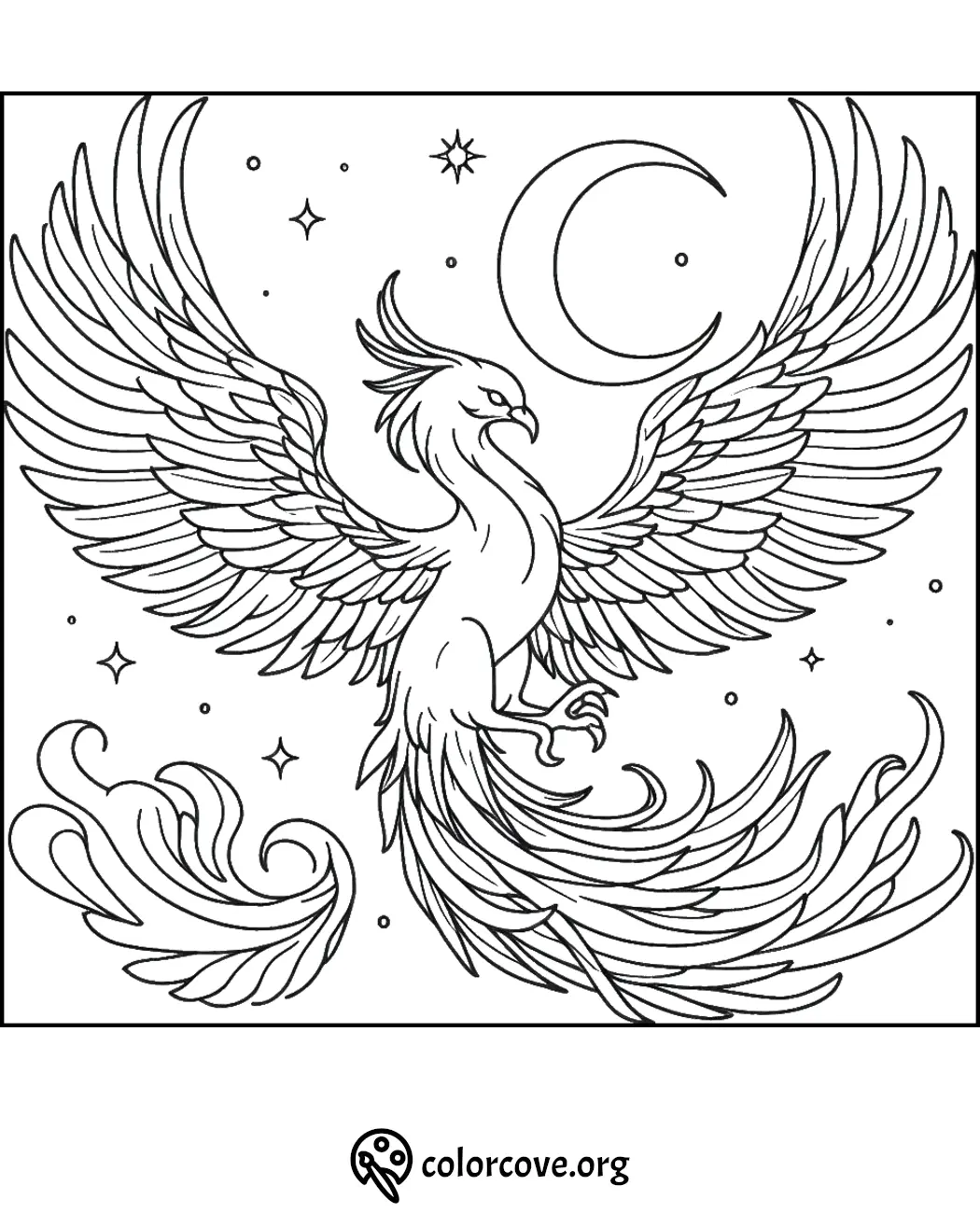 Coloring page of a majestic phoenix with outstretched wings, surrounded by stars and a crescent moon.