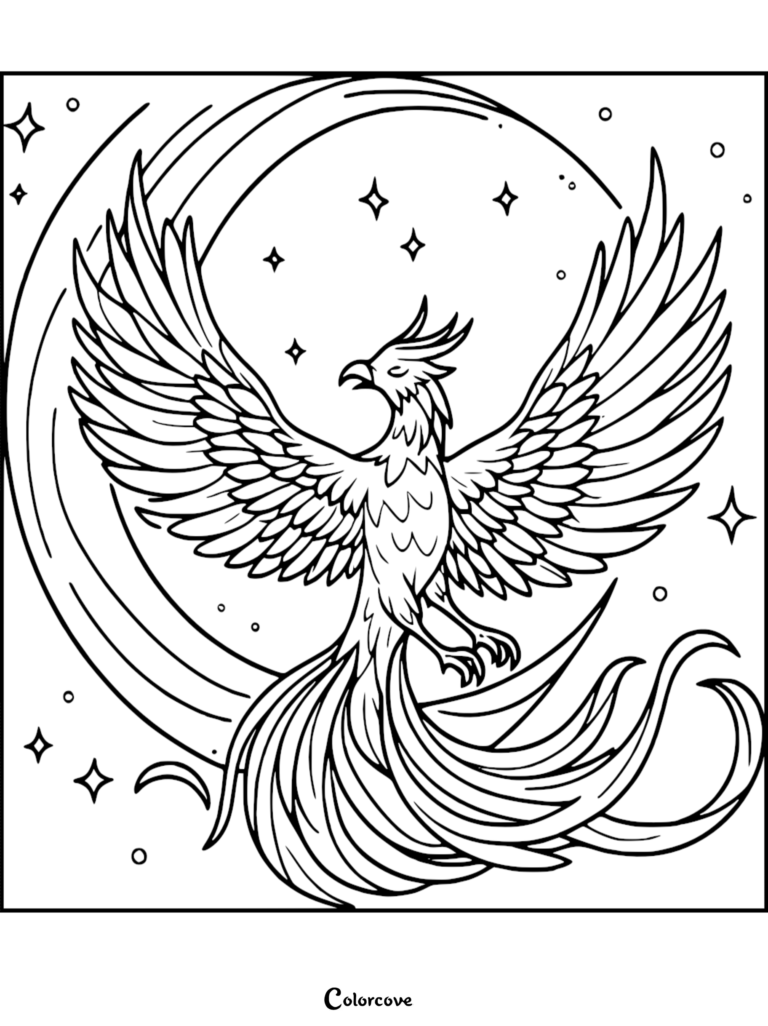 A majestic phoenix with expansive wings and a long flowing tail feathers in front of a crescent moon, presented as a printable coloring page.