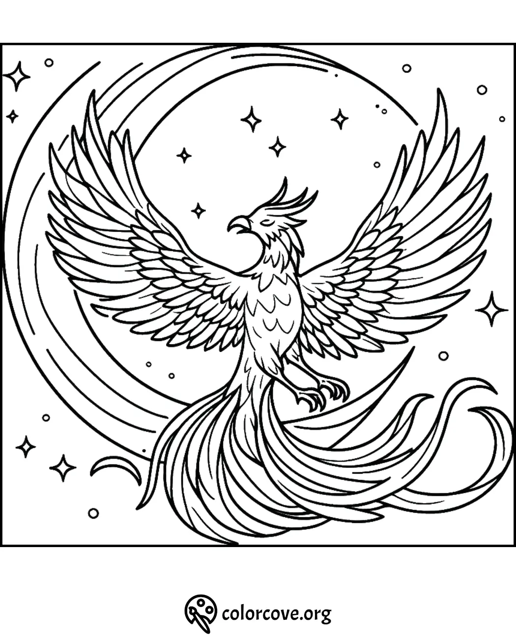 Phoenix coloring page for kids and adults featuring a majestic bird with outstretched wings and starry night background.