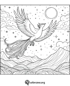 Phoenix coloring page featuring a majestic bird soaring over mountains with stars and clouds, from colorcove.org.