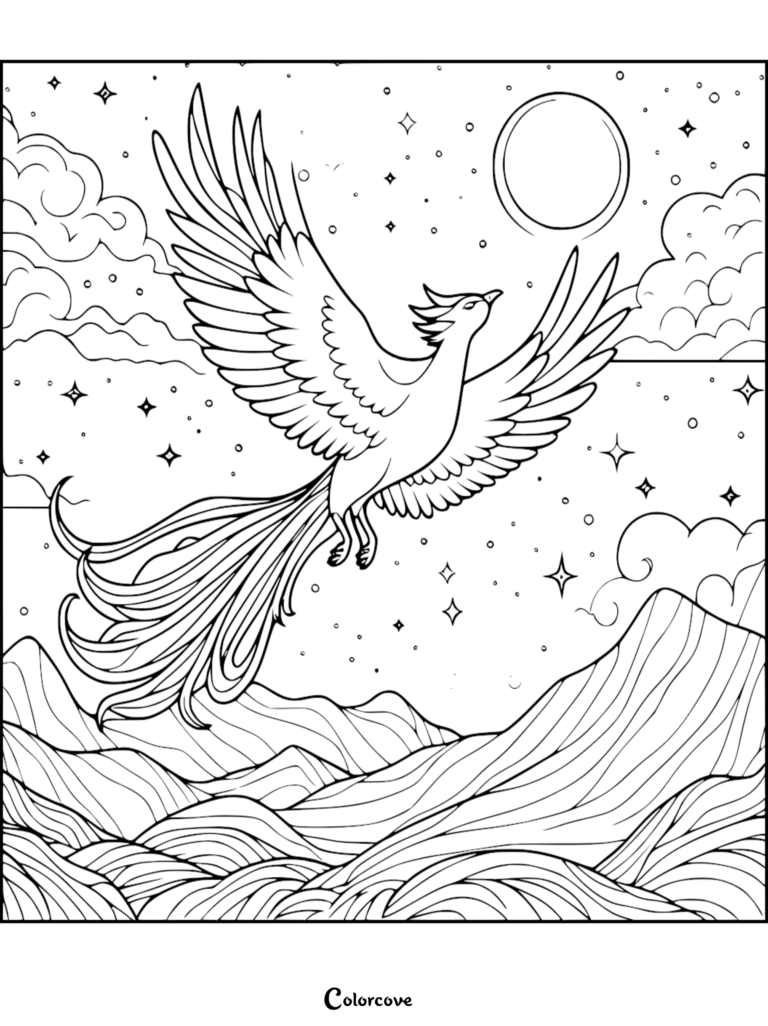 A majestic phoenix soaring over rolling mountains under a starry night sky in this printable coloring page.