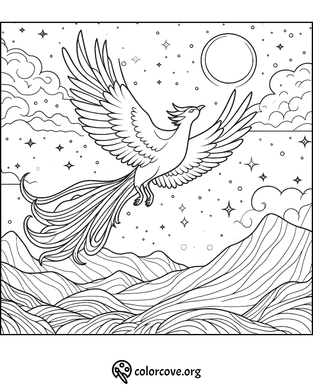 Phoenix coloring page featuring a majestic bird soaring over mountains with stars and clouds, from colorcove.org.