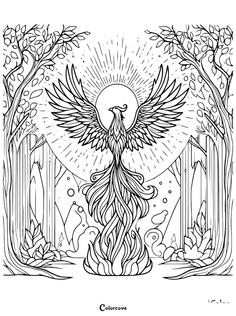 A majestic phoenix with wings spread wide rising from flames in a forest setting, detailed line art coloring page.