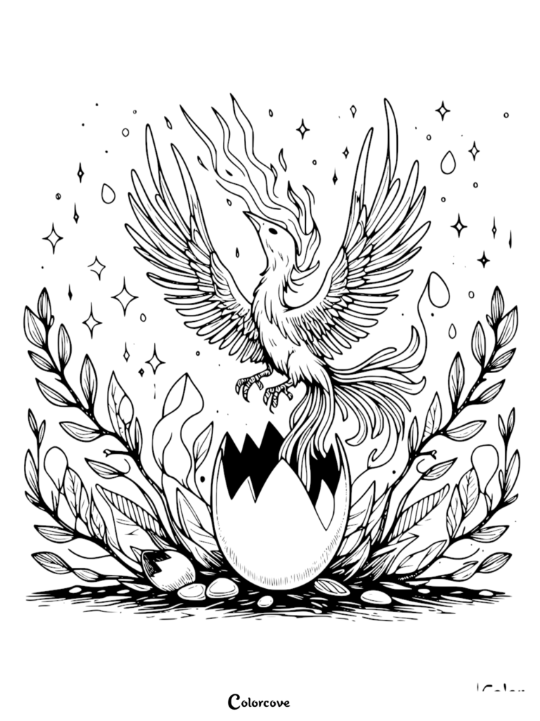 A detailed coloring page of a phoenix emerging from a cracked egg surrounded by laurel branches and sparkling stars.