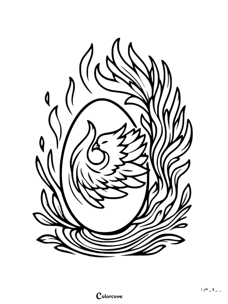 A black and white coloring page featuring a phoenix silhouette inside a glowing egg surrounded by stylized flames.