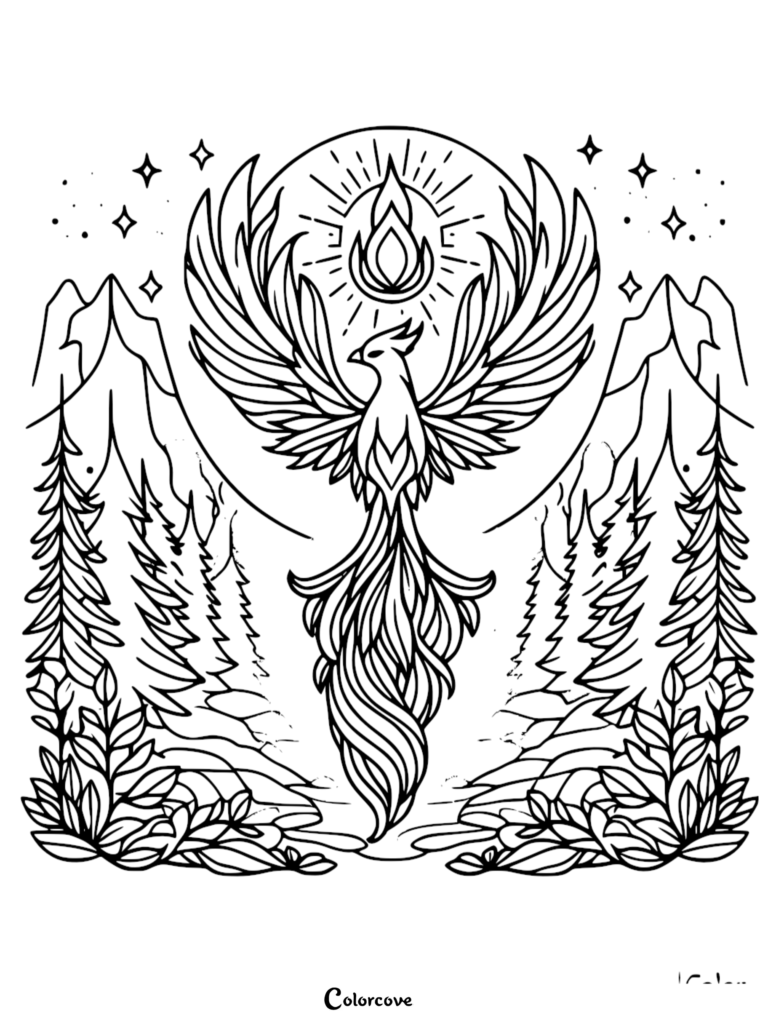 A majestic phoenix with expansive wings rising above a mountain forest landscape in this detailed line art coloring page.