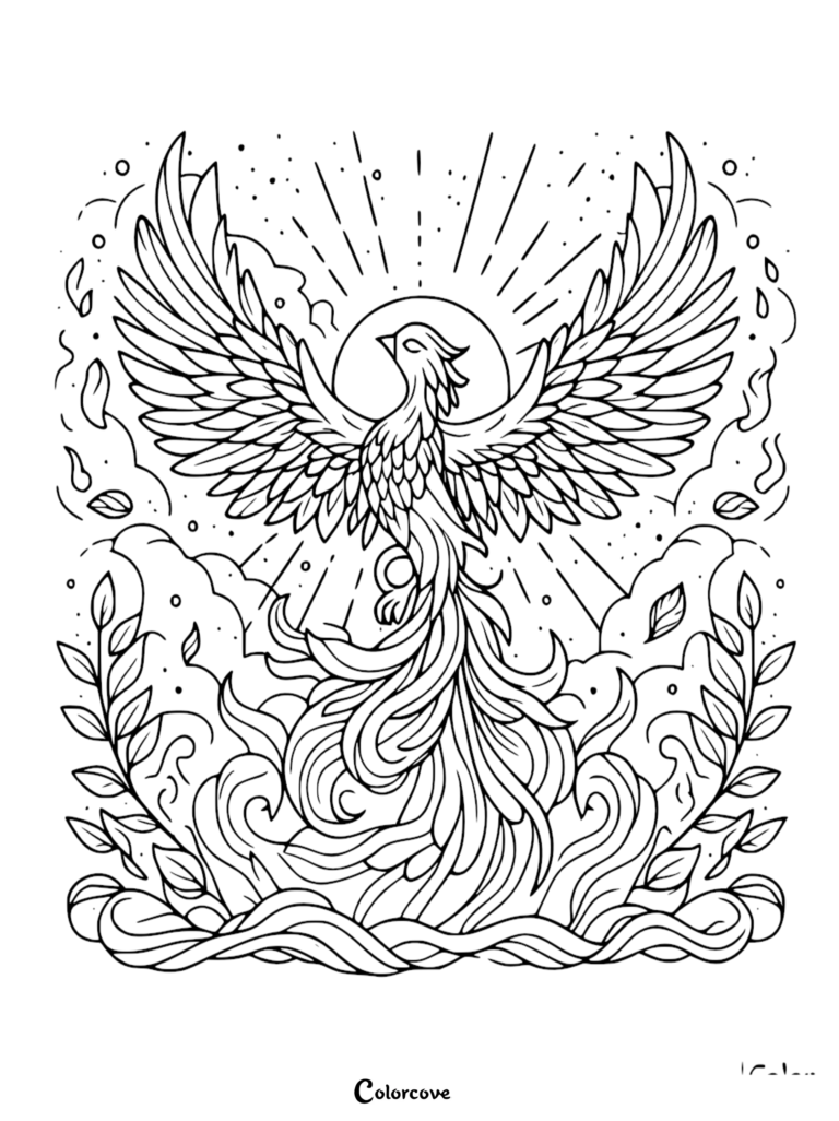 A majestic phoenix rising from flames with wings spread wide in this detailed line art coloring page featuring sun rays and decorative leaves.