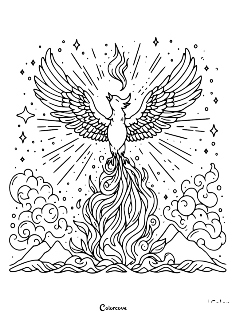 A majestic phoenix rising from a swirling fire base with wings spread wide, surrounded by stars and stylized clouds on a printable coloring page.
