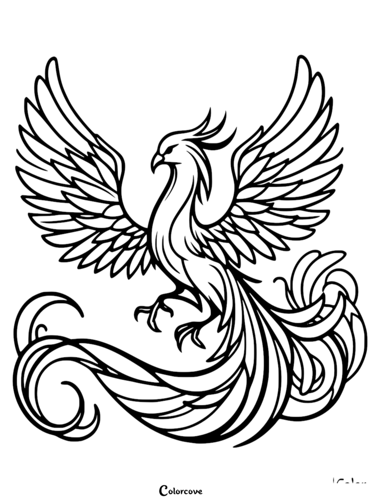 A detailed black and white coloring page featuring a phoenix with wings spread wide and a long, flowing tail.