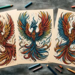 a group of drawings of a phoenix