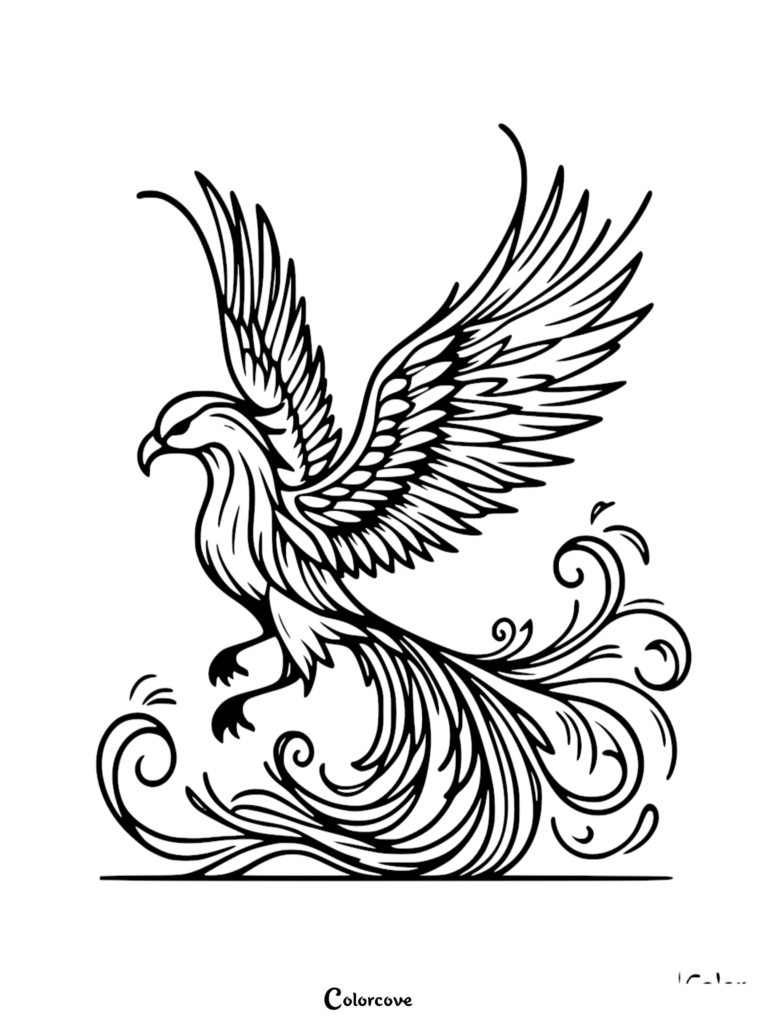 A majestic phoenix with large, detailed wings and a flowing, ornate tail in a black and white line art coloring page style.
