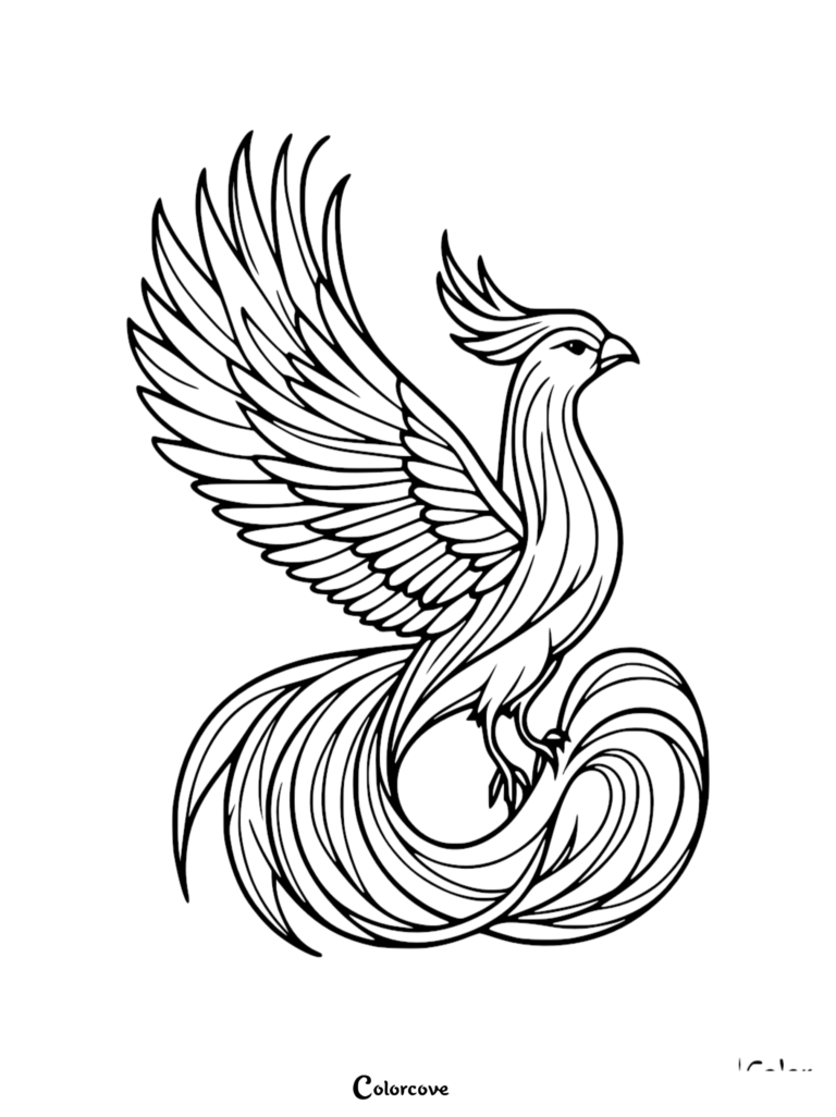 A majestic phoenix with a long, flowing tail and raised wings in a detailed line art coloring page style.