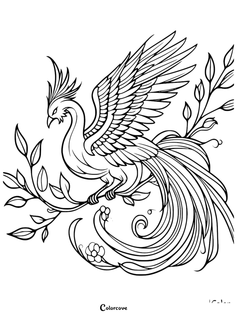 A majestic phoenix with a long flowing tail perched on a leafy branch in this detailed line art coloring page.