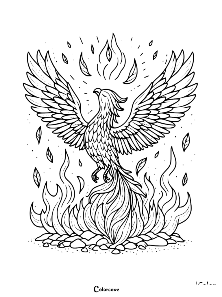 A detailed coloring page of a phoenix with wings spread wide, rising from a bed of flames and scattered embers.
