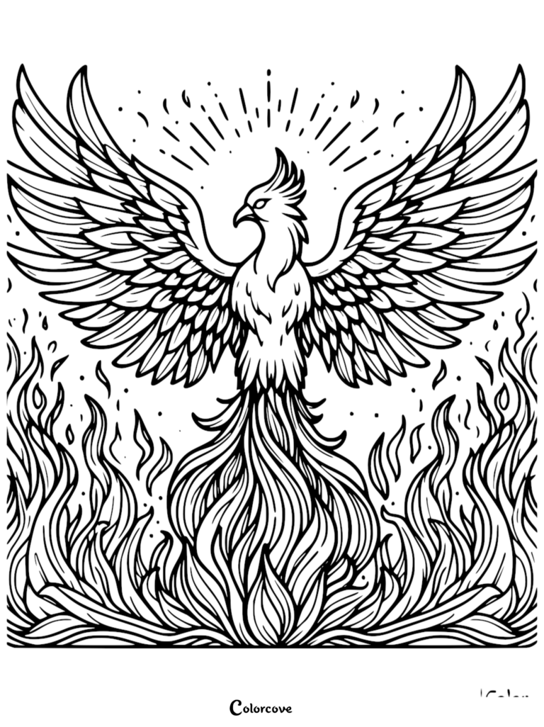 A detailed coloring page featuring a majestic phoenix with wings fully spread, rising from a base of stylized, swirling flames.