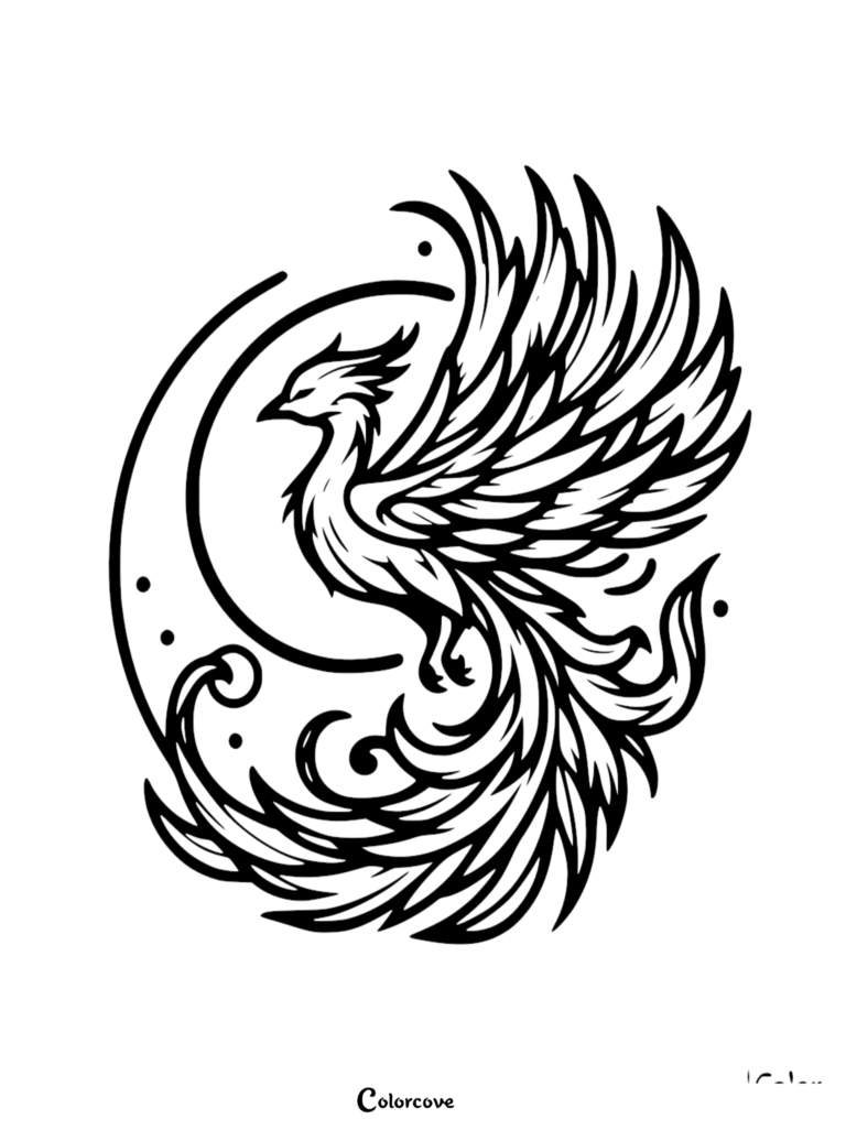 A black and white coloring page featuring a stylized phoenix with sweeping wings perched before a crescent moon with decorative dots.