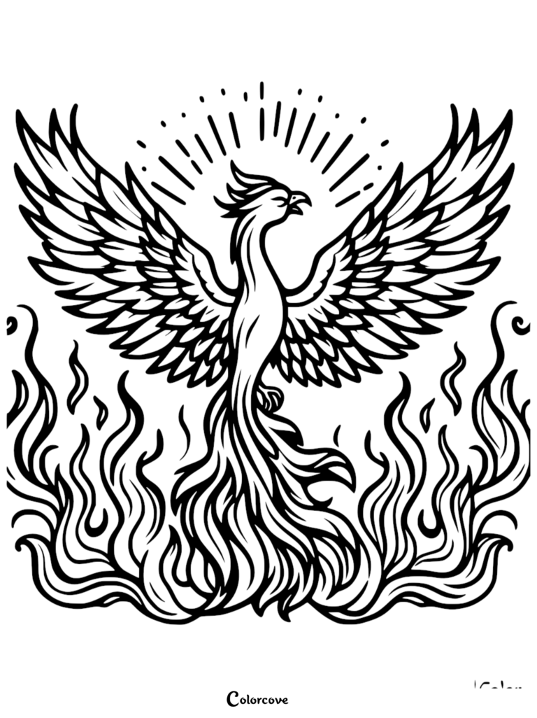 A majestic phoenix rising from stylized flames with wings fully spread in this printable coloring page.