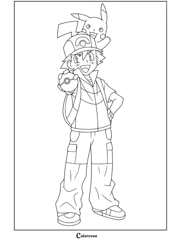 Dibujo para colorear e imprimir de Ash Ketchum y Pikachu sonriendo mientras sostienen una Poké Ball.