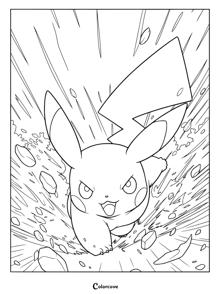Dibujo para colorear de Pikachu mostrando al ratón eléctrico corriendo entre escombros en una pose de acción.