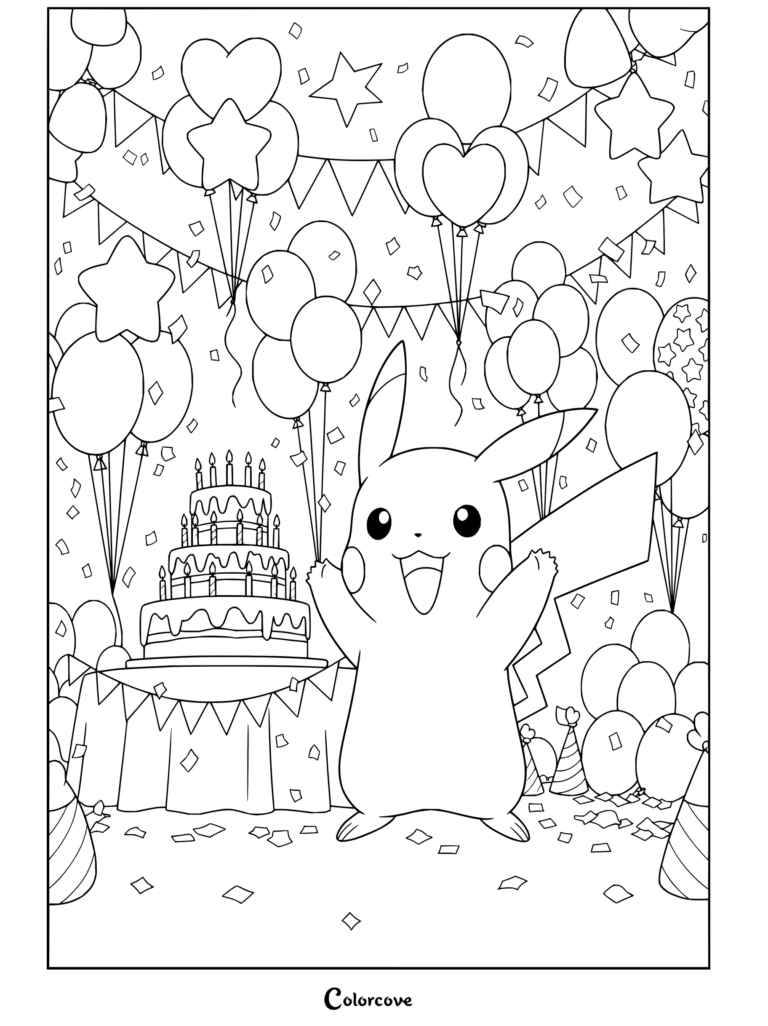 Dibujo para colorear e imprimir de Pikachu celebrando un cumpleaños con una tarta de varios pisos, globos y confeti.