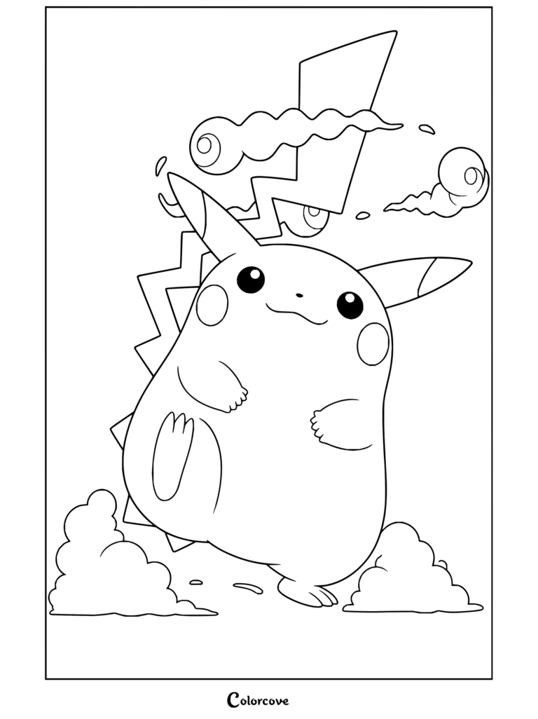 Dibujo para colorear de Pikachu Gigamax en su forma regordeta con un fondo de rayos.