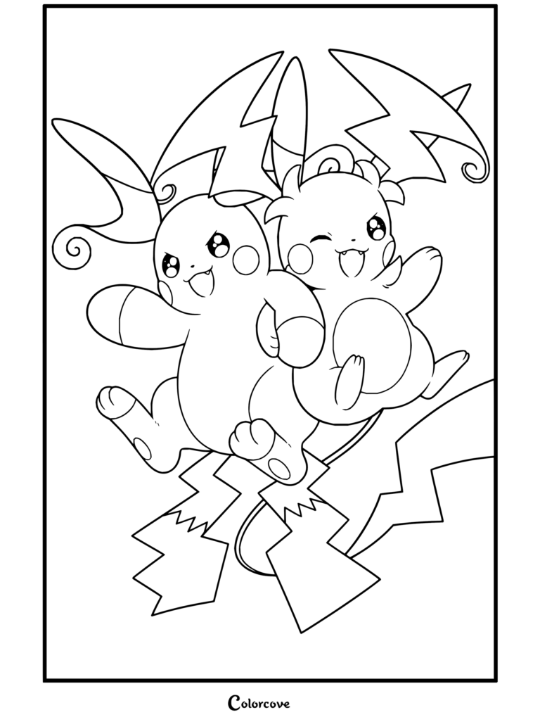 Dibujo para colorear de Mega-Raichu X y Mega-Raichu Y saltando alegremente juntos con las queridas evoluciones de Pikachu.