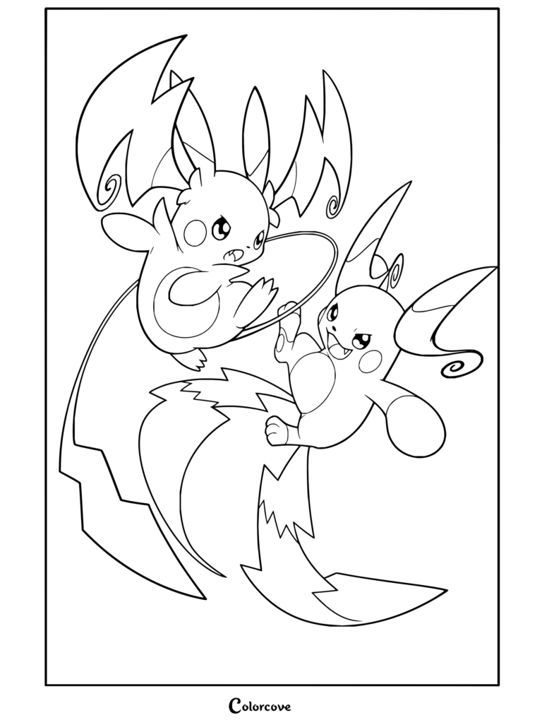 Divertido dibujo para colorear de la familia de Pikachu con Mega-Raichu X y Mega-Raichu Y saltando felices juntos.