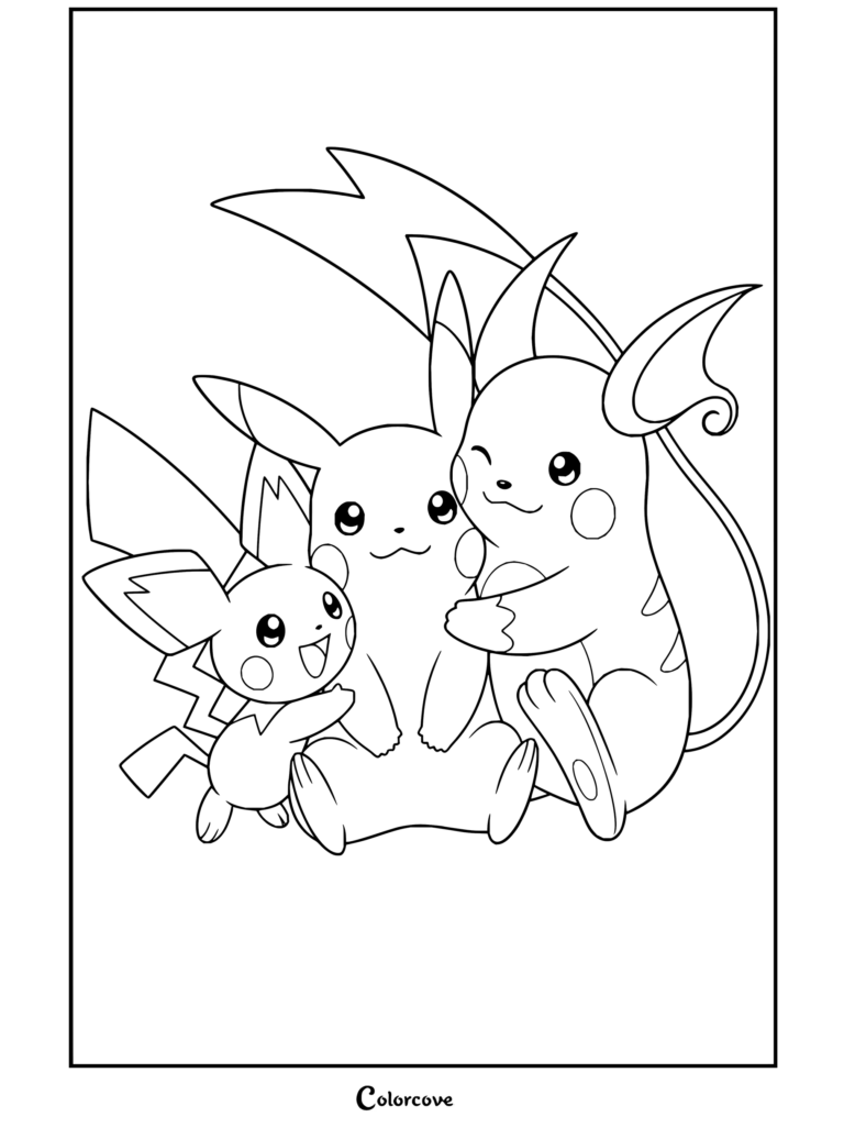 Dibujo para colorear e imprimir de Pichu, Pikachu y Raichu sentados juntos y sonriendo.