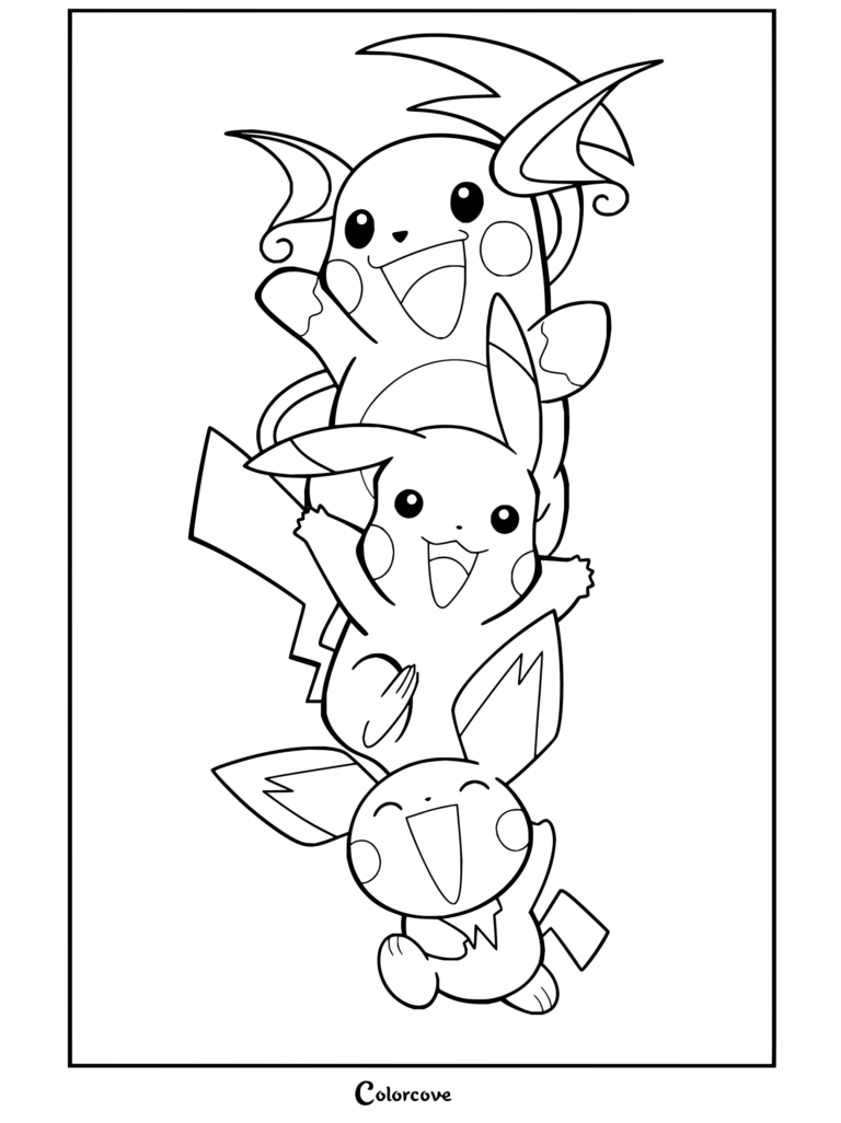 Dibujo para colorear de la línea evolutiva de Pichu, Pikachu y Raichu.