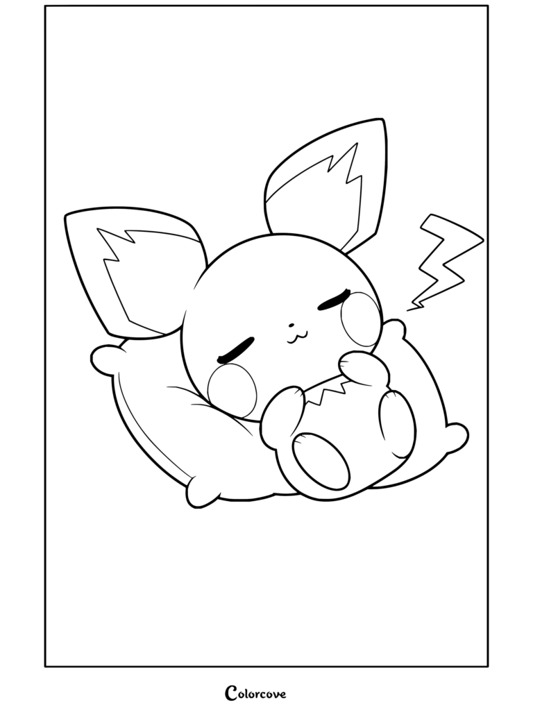 Dibujo para colorear de Pichu durmiendo plácidamente sobre una suave almohada.