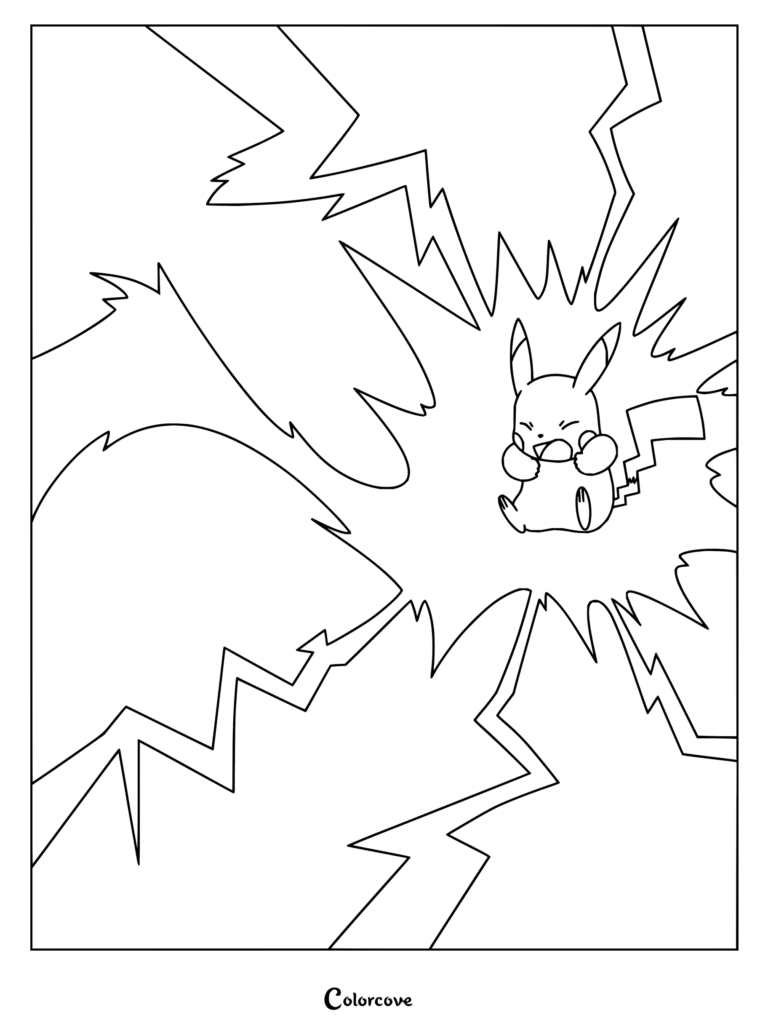 Dibujo para colorear de Pikachu mostrando al Pokémon del anime usando un ataque eléctrico como Rayo entre imponentes relámpagos.