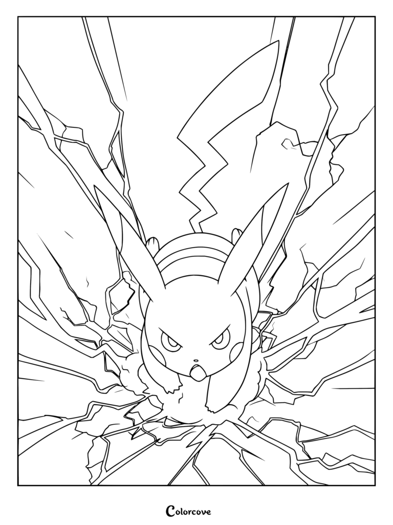 Dibujo para colorear e imprimir de Pikachu de la franquicia Pokémon rodeado por un dinámico ataque de Rayo sobre un cielo azul radiante.