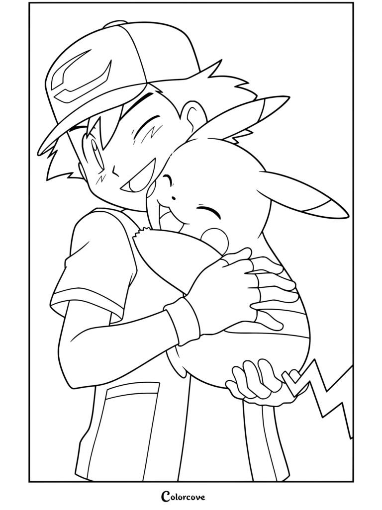 Dibujo para colorear de Ash Ketchum abrazando con alegría a Pikachu.