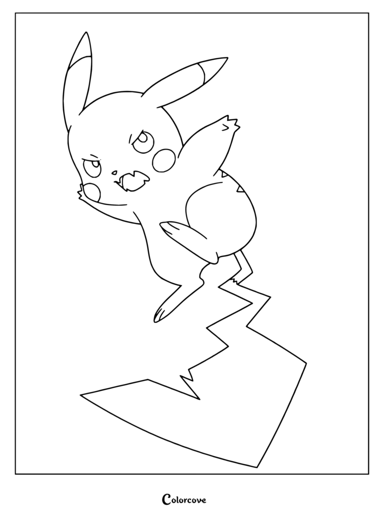 Dibujo gratuito para colorear de Pikachu realizando el ataque cola férrea, que muestra a Pikachu ejecutando un poderoso movimiento con su cola férrea.