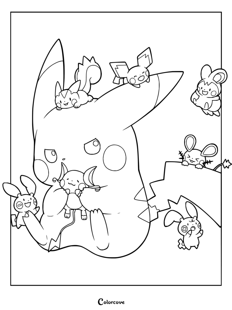 Dibujo para colorear e imprimir de Pikachu rodeado de varios Pokémon roedores de tipo Eléctrico y fases evolutivas.