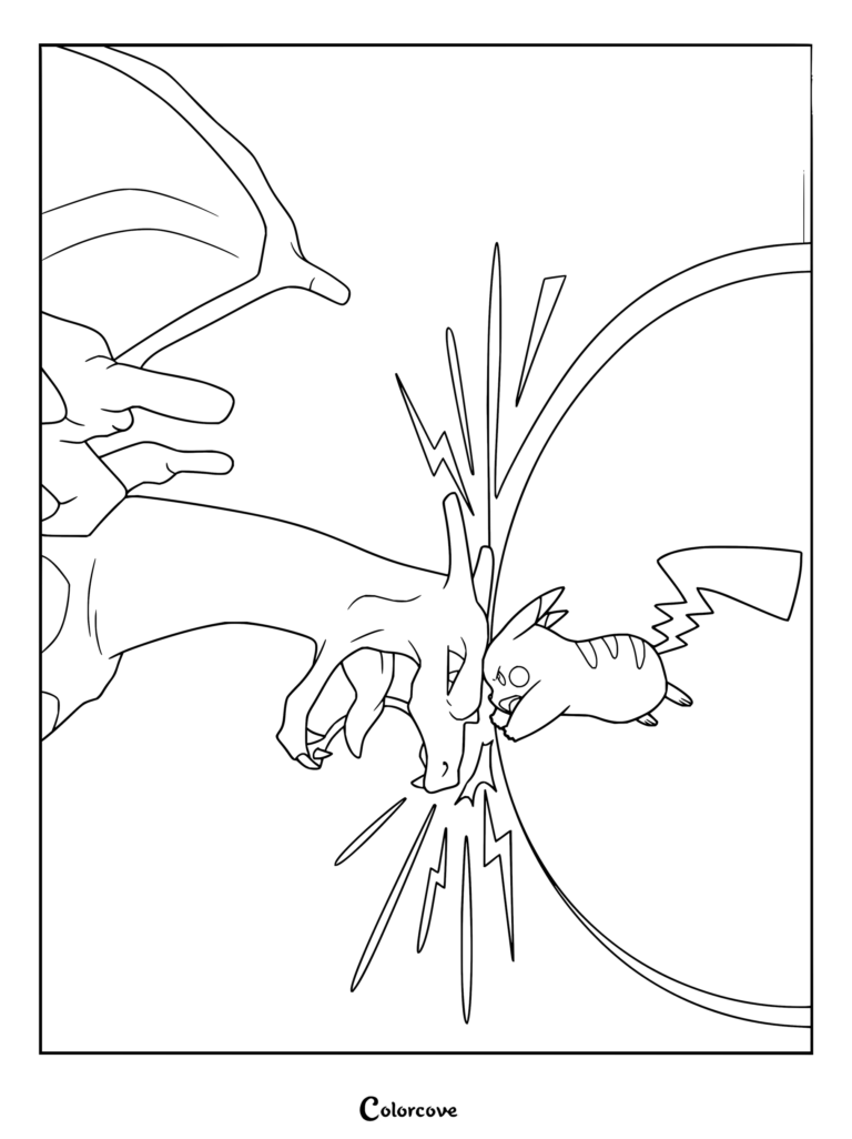 Dibujo para colorear de Pikachu contra el Charizard de Lionel mostrando un intenso duelo cuerpo a cuerpo entre ambos Pokémon.
